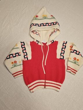 Nann-Knits Vintage Zip Front Sweater Holland Dutch Tulips Toddler Hooded 2T
